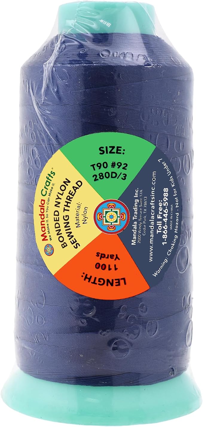 Mandala Crafts Size 92 280D T90 Bonded Nylon Thread - Navy Blue 1100 YDs Tex 90 Heavy Duty Sewing Threads for Leather, Jeans, Weaving, Outdoor Marine Upholstery