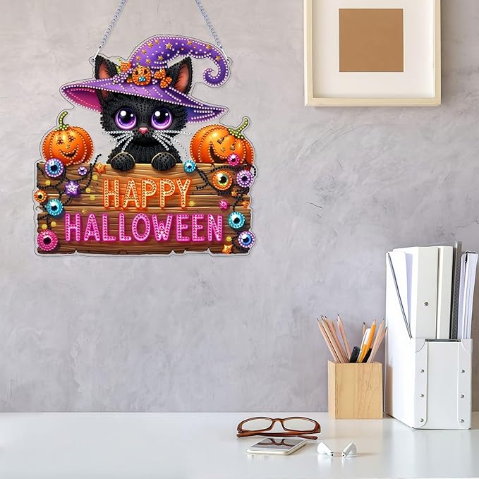 VODAPYC Halloween Diamond Art Hanging Kits for Adults, Double Sided DIY Special Shaped Diamonds Art Window Pendant Ornament for Home Decor(Black Cat)