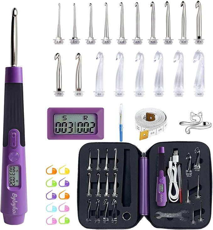 18 Sizes Lighted Crochet Hooks Set 2.0mm~14.0mm, Rechargeable Crochet Hook with Interchangeable Crochet Head, Light Up Crochet Hooks Set with 2 Levels Led for Beginner Knitting Kit Gifts