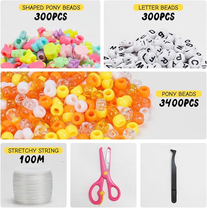 iooleem orange solid & glitter bulk pony beads - 4000pc kit for friendship bracelets & jewelry making, easy storage