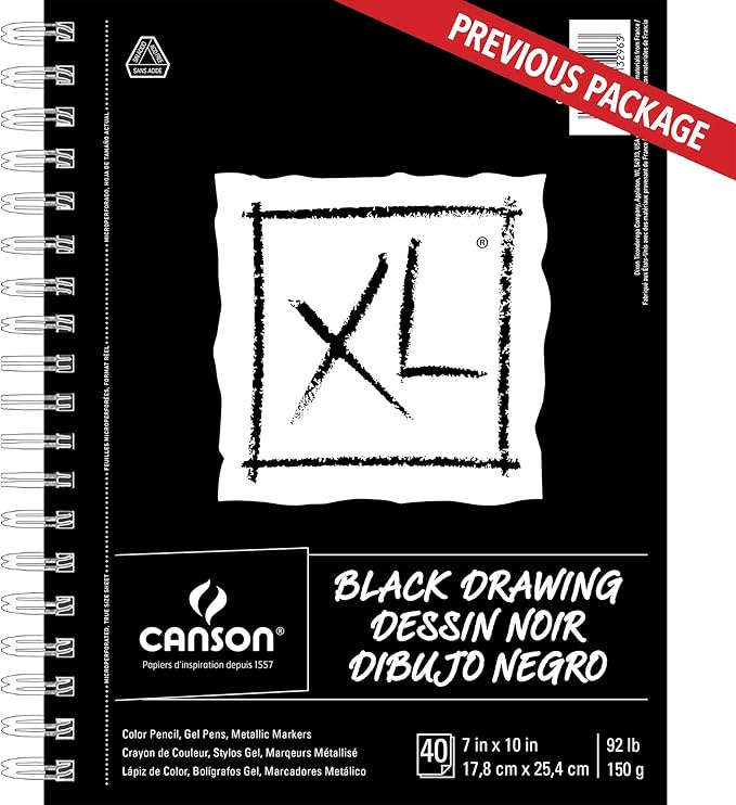 Canson XL Series Drawing Paper, Black, Wirebound Pad, 7x10 inches, 40 Sheets (92lb/150g) - Artist Paper for Adults and Students - Colored Pencil, Ink, Pastel, Marker