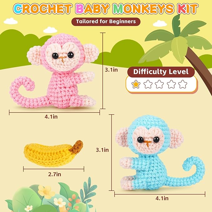 Fortuning's JDS Crochet Kit for Beginners - 2 PCS Monkey with Banana Crochet Kits with Step-by-Step Video Tutorials, Beginner Crochet Kit for Adults, Crochet Monkey Kit (Blue & Pink)