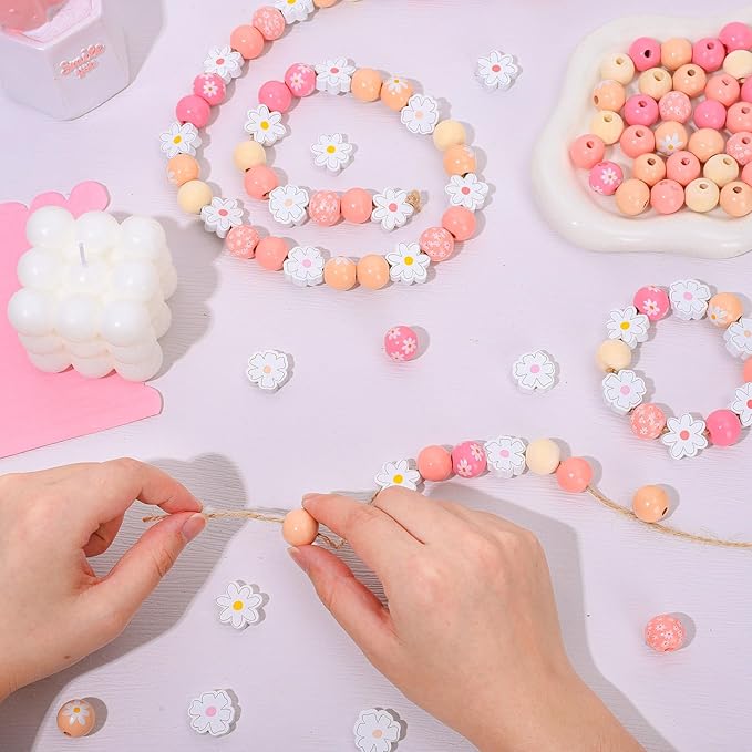 Whaline 230 Pcs Boho Daisy Wooden Beads Summer Flower 16 Mm Round Loose Beads 20 Mm Daisy Bead Natural Colorful Floral Printed Bead for DIY Crafts Jewelry Necklaces Bracelet Keychain Making