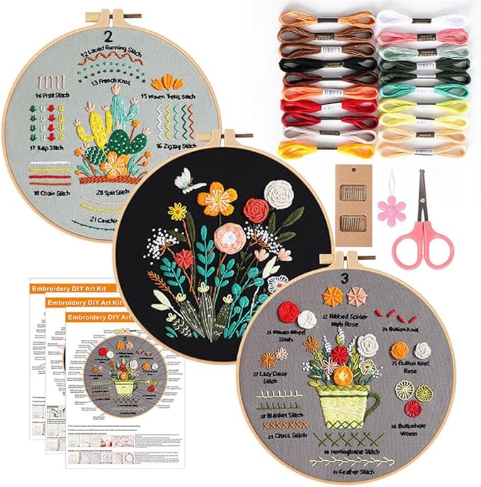 konrisa embroidery kits for adult beginners, stamped embroidery starter kit with flower pattern, diy sewing needlepoint kits, cross stitch practice kit,3 pcs embroidery pattern, include 1pcs hoop