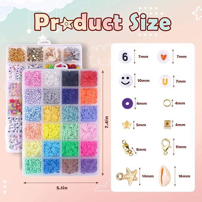 FZIIVQU Clay Beads Friendship Bracelet Making Kit, 2 Boxes 7200 Pcs Clay Beads 24 Colors Flat Disc Heishi Bead for Jewelry Making Preppy Set with Glow Number Letter Bead