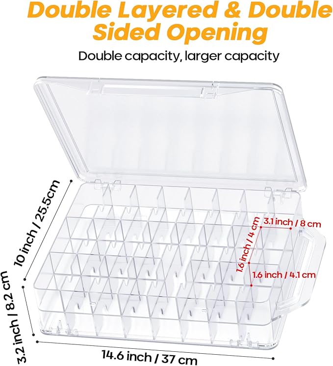 46 Grids Sewing Organizer, Double Sided Thread Box Storage, Portable Clear Plastic Organizer Box for Embroidery and Sewing Threads, Embroidery Floss, Crafts, Small Toys (Clear,2 Pack)