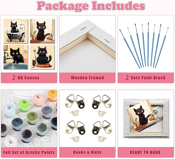 Funny Black Cat Paint by Numbers Kit for Adults Beginners, 4 Pack Cute Cat Easy Framed Adults Paint by Numbers Kits, DIY Black Cat Acrylic Oil Painting Number Kits for Home Wall Decor (8 x 8 Inch)