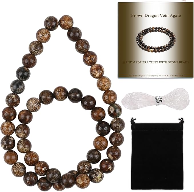 Stone Beads, 45pcs Brown Dragon Vein Agate, 8mm Round Loose Beads for Jewelry Making, Bracelets, with Bag, String & Card