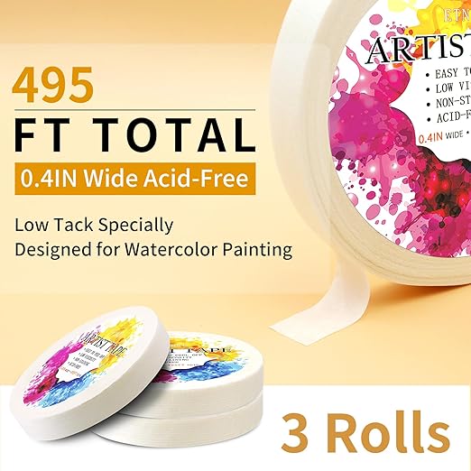 Low Tack White Artist Tape for Watercolor Paper Drafting Art Masking Tape Acid Free Painter Watercolor Tape for Painting Canvas Framing, 0.4 inch Wide 495FT Long Total