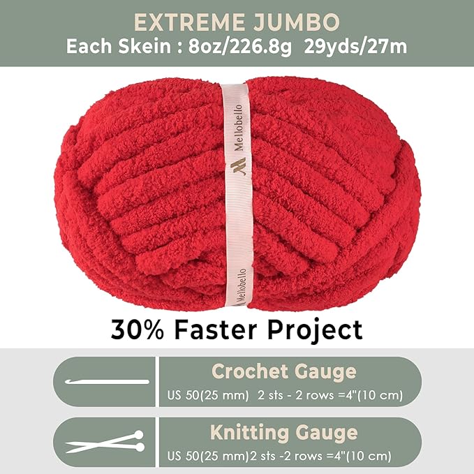 Jumbo Chunky Yarn for Hand Knitting - Super Thick Chenille Chunky Yarn for Crocheting - Extra Soft Bulky Fluffy Blanket Big Yarns 8 Jumbo Pack (27yds,8 oz Each Skein) Red