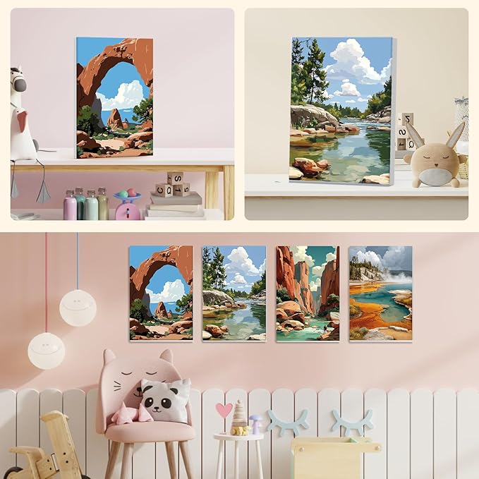 NEWENMO 4 Pack Paint by Numbers for Adults with Wooden Framed, Rock Canyon, Lake, Paint by Number Kits on Canvas for Beginner, DIY Acrylic Oil Painting Kits for Home Decor 8x12 inch, National Park
