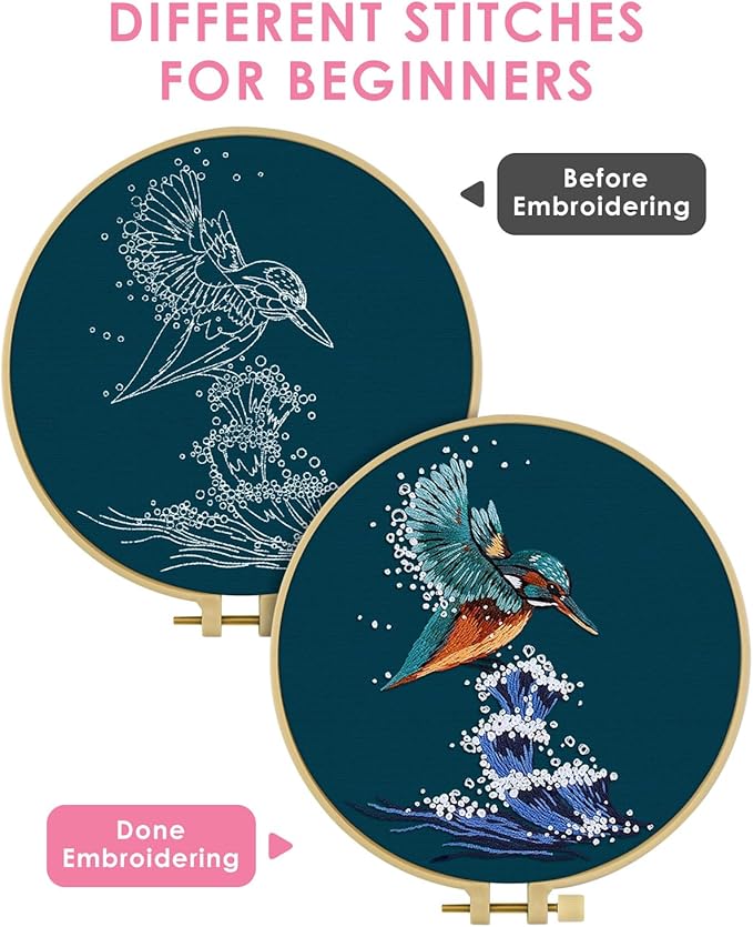 TINDTOP Embroidery Kit for Beginners Adult, Kingfisher Embroidery Kit for Beginners Include Embroidery Cloth Hoops Threads for Craft Lover Hand Stitch with Embroidery Skill Techniques