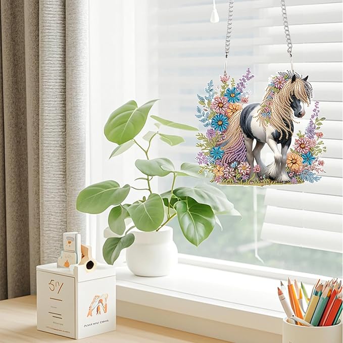 JZHYOAN Horse Diamond Painting Arts Hanging Kit Acrylic Ornaments Craft Kits Crystal Art Pendant Wind Chimes with Diamonds Diamond Art Window Pendants Home Garden Wall Hanging Kits