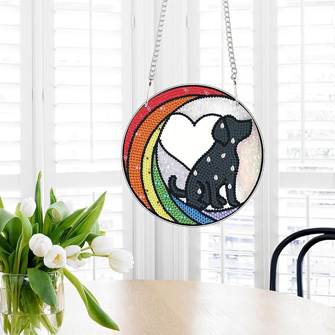 DIY Diamond Painting Sun Catcher Hanging Sign Dog, Pet Memorial Diamond Art Window Ornament Kit for Adults, Colorful Gem Art Craft Kit for Home Wall or Door Decoration