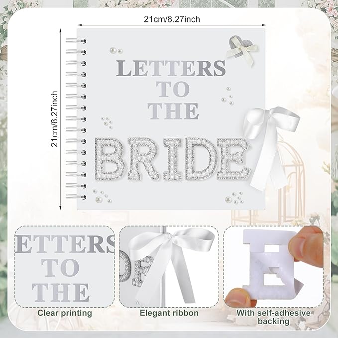 Fuyoooo 8 x 8 Inch Letters to The Bride Scrapbook Wedding Memory Book Bridal DIY Blank Paper Scrapbook Photo Album Guest Book Sign with Pearl Stickers, Metallic Letters, Bows(Warm White)