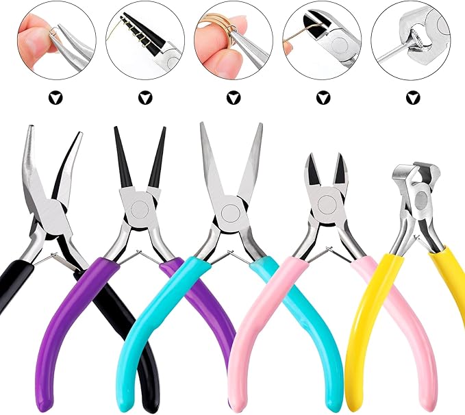 5Pcs Jewelry Pliers Set Jewelry Making Pliers Tools Kit Include Jewelry Making Needle Nose Chain Nose Round Bent Pliers Wire Cutter for Bracelet Beading DIY Craft Jewelry Making Supplies