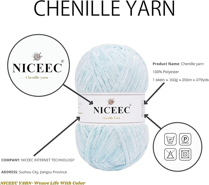 NICEEC 2 Skeins Soft Chenille Yarn Blanket Yarn for Knitting Fancy Yarn for Crochet Weaving DIY Craft Total Length 2×255m (2×279yds, 2×150g)_Canal Blue