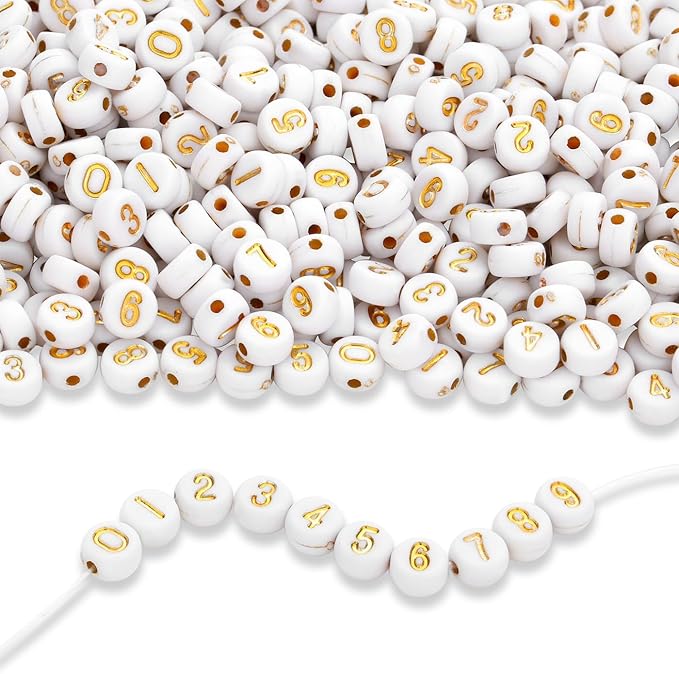LAIDANLA 1000PCS Acrylic Number Beads Gold Number White Round Bead 7×4mm for Jewelry Bracelets Necklaces Key Chains Making