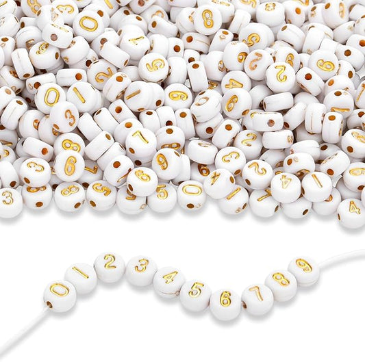 LAIDANLA 1000PCS Acrylic Number Beads Gold Number White Round Bead 7×4mm for Jewelry Bracelets Necklaces Key Chains Making