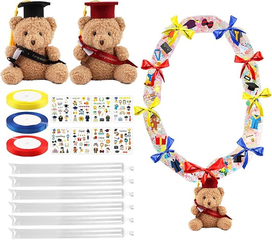 Candy Leis for Graduation 2026, Making Kit Supplies Tubing Grad Leis for Graduation Candy Necklace with 3 Color Ribbons Handmade Decoration Kit, Grad Party Gift for Graduates(Red, Yellow, Blue)