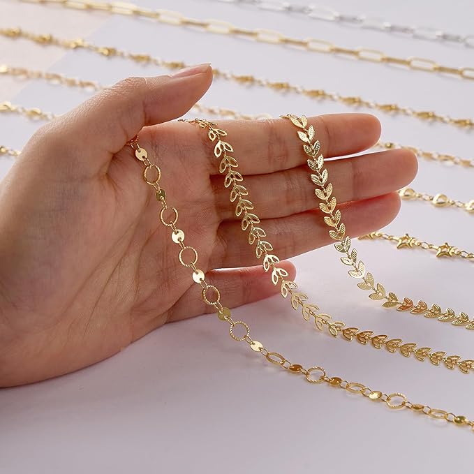 KYUNHOO 16.4/5M Gold Plated Chains for Jewelry Making Embossed Leaf Chain Roll Light Gold Jewelry Making Chains with Lobster Clasps and Jump Rings for Crafting
