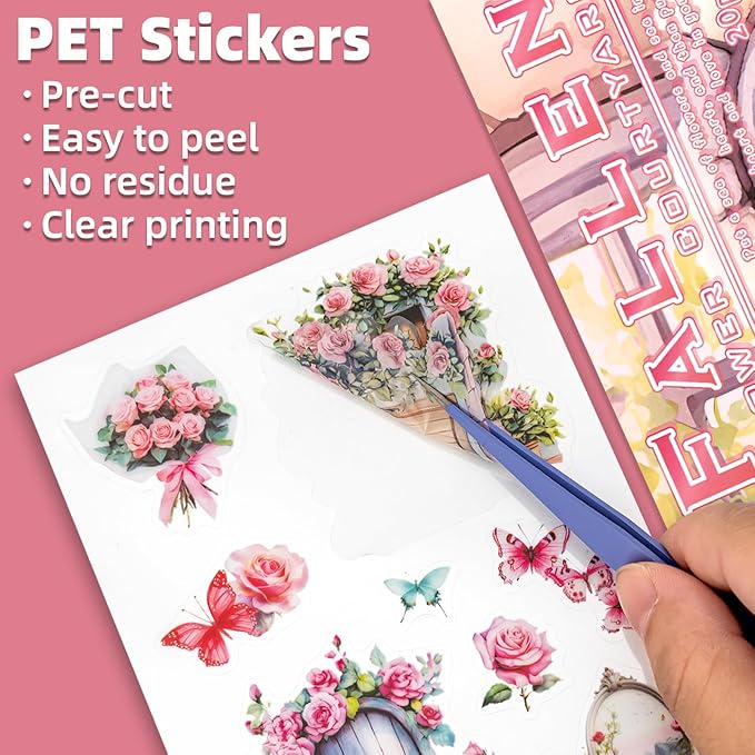 Fallen Flowers Courtyard Sticker Scrapbooking Supplies for Junk Journal, 20 Sheets PET Stickers - Vintage Journaling Stickers, Ephemera Sticker Book Pre Cut(TZ-009-001)