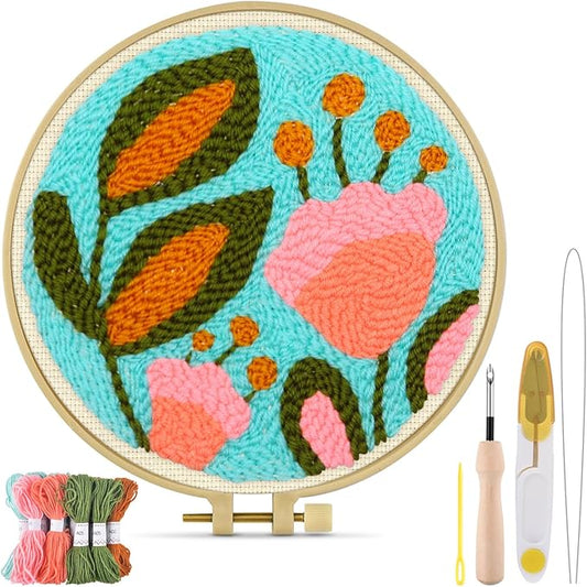 TINDTOP Punch Needle Kits, Tulip Punch Embroidery Kits for Adults Beginner, Tool with Punch Needle Fabric, Hoops, Yarns and Sewing Needles