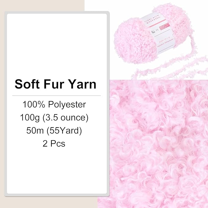 MECCANIXITY 2 Skeins Eyelash Yarn Polyester Yarn Fur Soft Fluffy Chunky Yarn Fuzzy Eyelash Yarn Pink for Crocheting Knit DIY Clothes Bag - 55Yard/50m, 3.25ozx2
