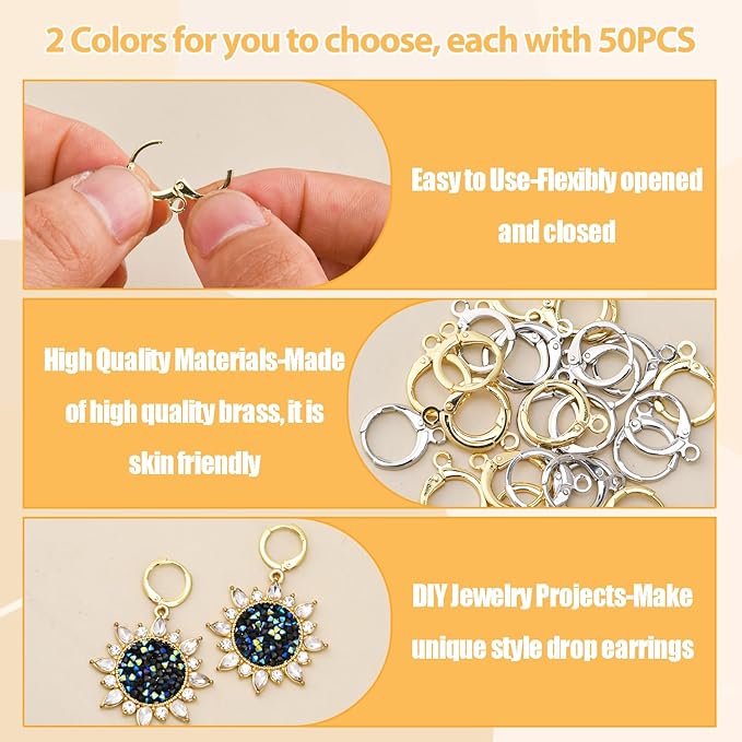 leuaydo 50pcs 18k gold filled earring hooks for jewelry making, round leverback earrings with gold color