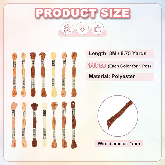 PATIKIL 14 Skeins Embroidery Floss, Polyester Embroidery Threads Bracelets String for Cross-Stitch Hand Embroidery, Multicolored Yellow Brown