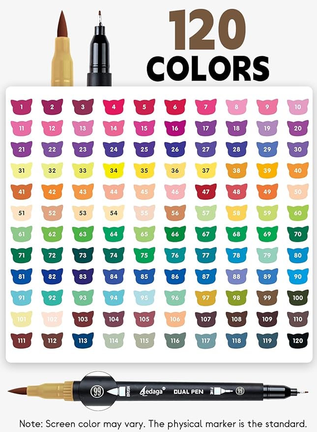 120 Colors Dual Brush Markers, Fine and Brush Tips Numbered Pens with App, for Adults, Coloring Book Bullet Journaling Note Taking Planner Hand Lettering Calligraphy Drawing Art Supplies Kit