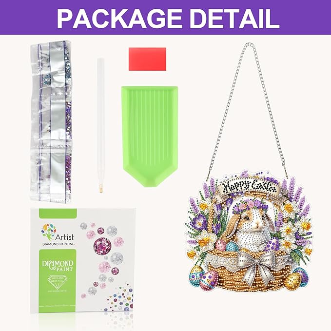 CEOVR Easter Hanging Diamond Art for Adults, Easter Bunny&Egg Diamond Painting Pendant DIY Gem Art Wall Hanging Ornament, Acrylic Home Garden Decor with Chain, Box Kit 7.87×7.48inch