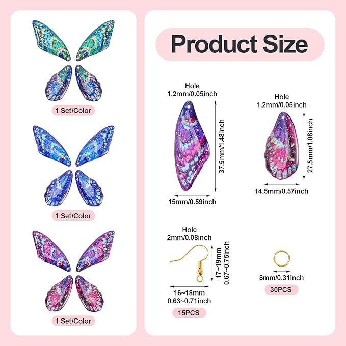 FASHEWELRY 12Pcs Resin Fairy Wing Earring Charms Purple Turquoise Blue Butterfly Wing Pendants Insect Print Feather Charms with Jump Rings Earrings Hooks for DIY Earring Jewelry Making