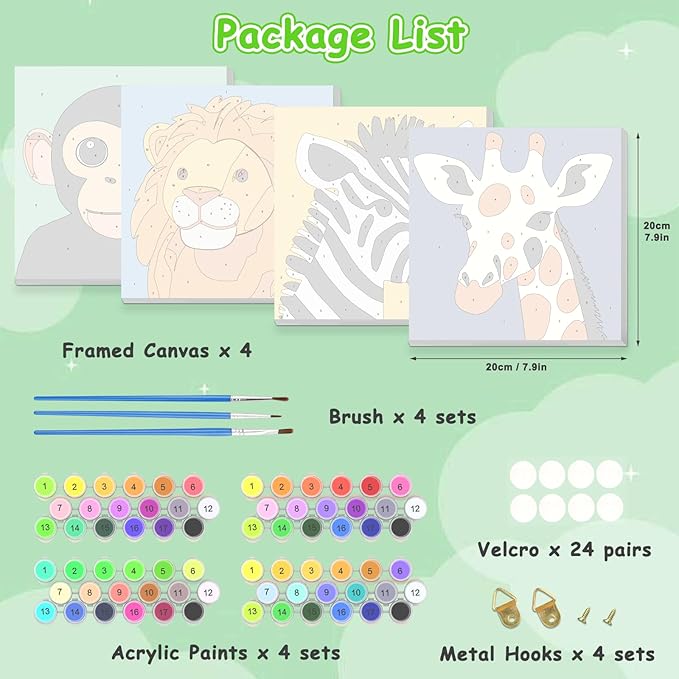 KEYIFA 4 Pack Paint by Numbers Kids Kit with Frame, Easy Animal Painting Kits for Adult Beginners, DIY Acrylic Painting on Framed Canvas for Home Decor Gift, 8x8 in (Orangutan+Lion+Zebra+Giraffe)