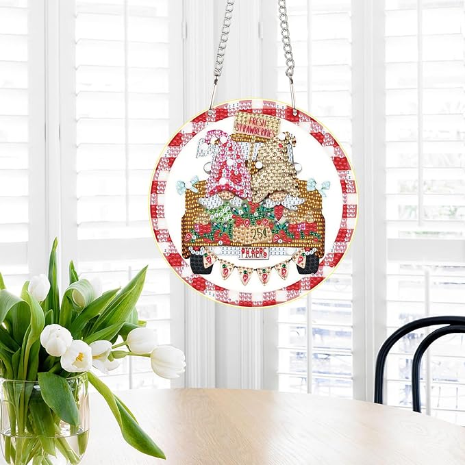 DIY 5D Diamond Painting Hanging Pendant Kit Special Shaped Diamond Dots Art Acrylic Ornaments, Pink Gnome Diamond Art Pendant for Adult Home Wall Window Decor Gift