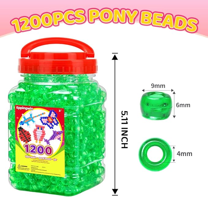 eppingwin 1200pcs pony beads for bracelets, 6x9mm kandi beads for hair braids, easy storage pony bead for jewelry making (green transparent)
