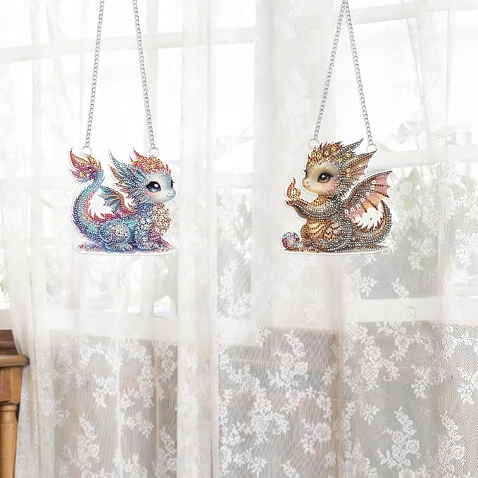 2 Pack Diamond Painting Dragon Hanging Ornaments – DIY Crystal Art Sun Catcher Kit for Window, Wall or Car Decor – Cute Fantasy Baby Dragon Decorations for Adults or Gift