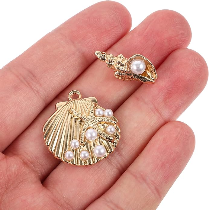 TEHAUX 20Pcs Gold Shell Charms for Jewelry Making, Enamel Alloy Conch Shell and Seashell Charms with Faux Pearl, Ocean Beads Pendants for DIY Necklaces Bracelets (Light Gold)