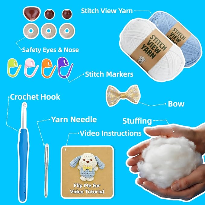 BUNUKY Crochet Kit for Beginners Adults - Complete DIY Amigurumi Puppy Dog Starter Set with Video Tutorial | Easy Learn to Crochet Kit with All Supplies | Craft Gift for Women Teens Girls