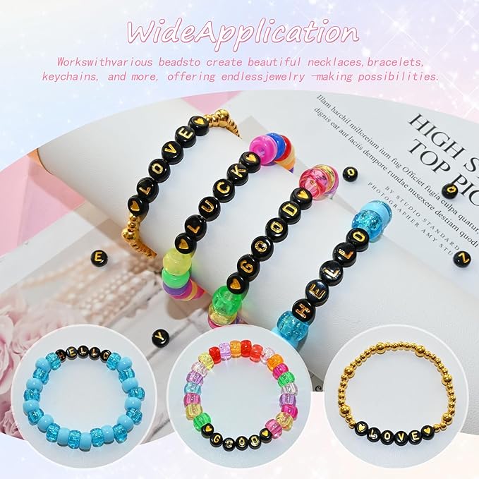 Looconi 1400pcs 4x7mm Black Letter Beads Round Acrylic with Gold Alphabet A-Z Heart Pattern Beads and Crystal Line for Jewelry Making (Black&Gold)