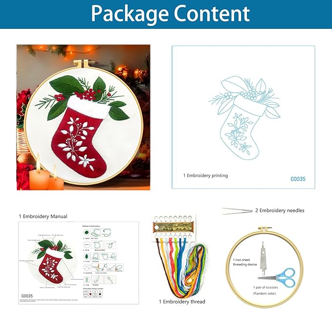 Zhenqing Christmas Stocking Embroidery Kit - 29x29cm Printed Fabric, Hoop & Tools for Beginners (C0035)