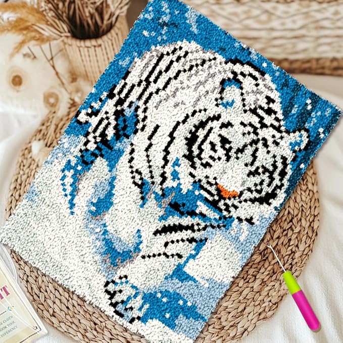 ORIGACH White Tiger Latch Hook Rug Kits, Color Stamped Grid Cloth Handmade Rug, Pattern Printed Carpet Kit, DIY Crochet Rug for Adults Home Decoration Festival Gifts 52 x 38 cm