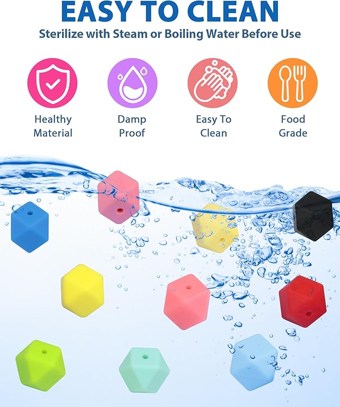 90PCS FIVEIZERO Hexagon Silicone Beads,30 Colors 14mm Silicone Beads for Keychain Making Kit,Lanyard Making,Keychains,Valentine's Day Bracelet,Craft Projects and DIY for Adult