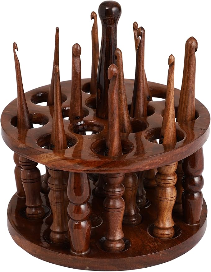 Bhartiya Handicrafts Wooden Crochet Hooks Set, 12pcs Ergonomic Knitting Needles - Rosewood, 3.5mm(E) to 12mm(P) - Includes Holder