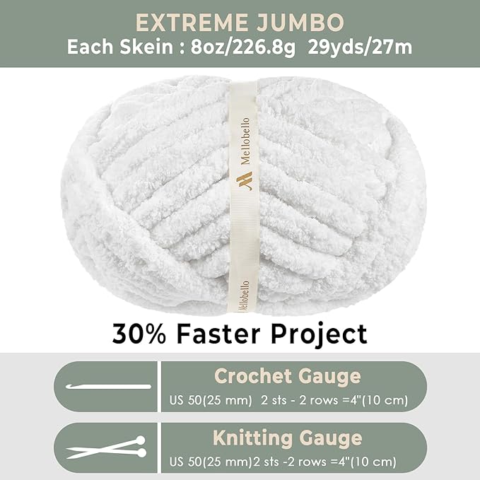 Jumbo Chenille Chunky Yarn for Crocheting - Super Bulky Fluffy Chunky Yarn for Hand Knitting - Extra Thick Soft Blanket Big Yarns 8 Jumbo Pack (27yds,8 oz Each Skein) Pure White