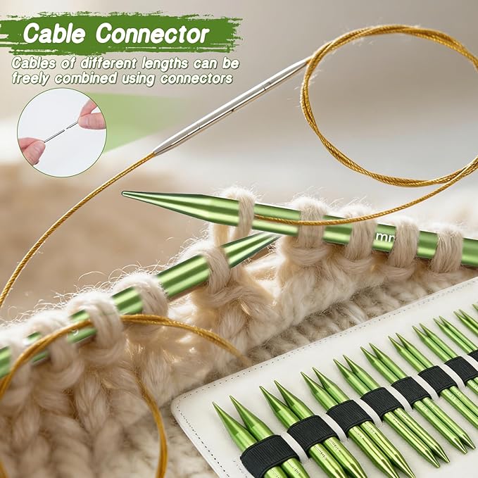 TRILVIX Knitting Needles Set, 13 Pairs Aluminum Interchangeable Circular Knitting Needles Set 4 Inch with 4 Cables, Accessories and Storage Bag for Multiple Knitting Projects Green