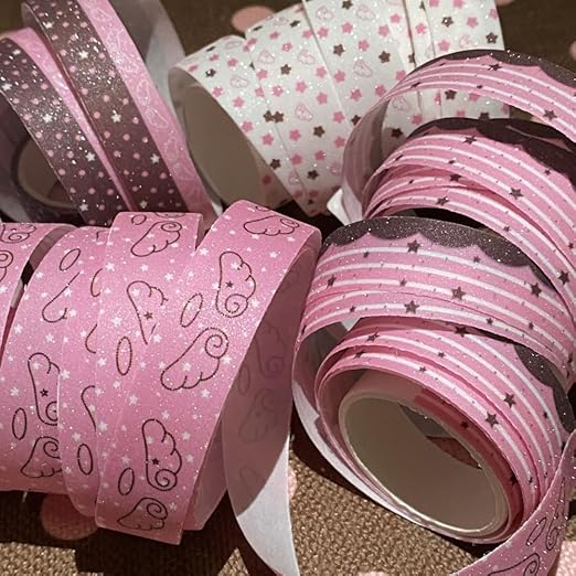 5Rolls Pink Strawberry Musical Note Glitter Washi Tape Set Decorative Star Masking Tapes Bulk Cute Washi Sticker for Journaling Kawaii Sparkling Scrapbook Tape Supplies for Craft Scrapbooking Journal