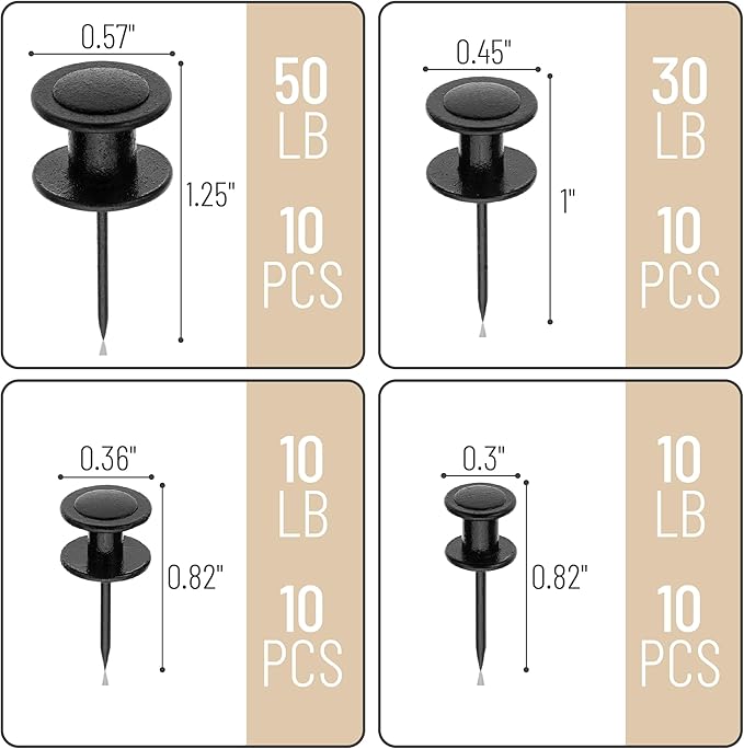 Mr. Pen Double Headed Picture Nails, 4 Sizes, 40 Pack - Black Picture Pins