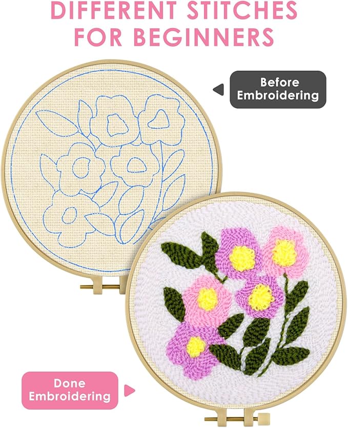 TINDTOP Punch Needle Kits, Flowers Punch Embroidery Kits for Adults Beginner, Tool with Punch Needle Fabric, Hoops, Yarns and Sewing Needles