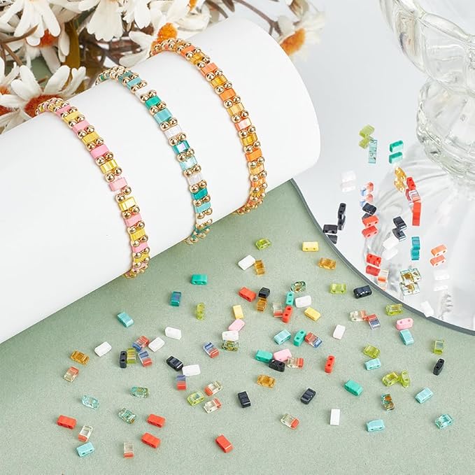 NBEADS About 450 Pcs Half Cut 2-Hole Glass Spacer Seed Beads, 4.5-5x2mm Rectangle Mini Japanese Glass Beads for Bracelet Necklace Earring Jewelry Making - 15 Colors